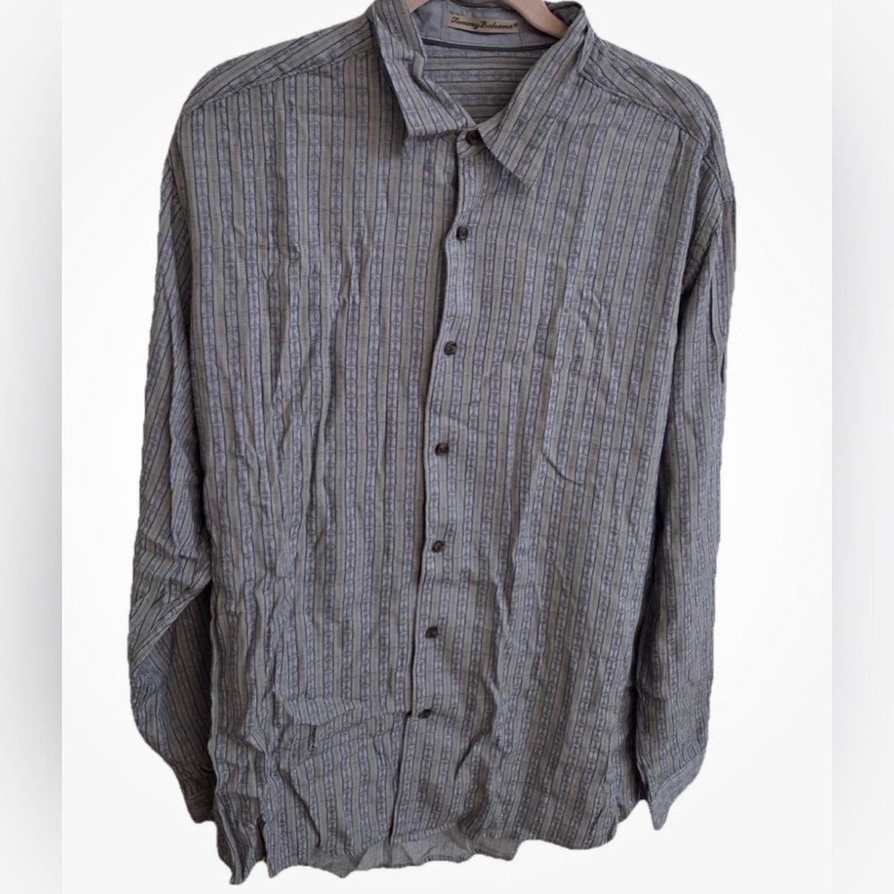 Tommy Bahama Black and Gray Striped Casual Shirt L